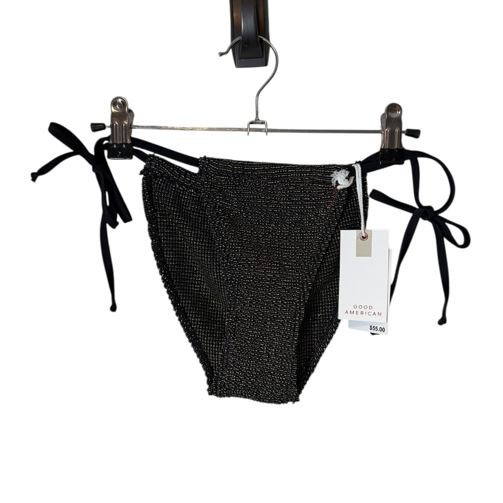 NWT GOOD AMERICAN Metallic Sparkle String Bikini Bottoms Black‎ Gold 1/2 Small